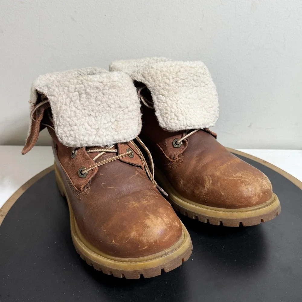 Timberland Boots Men Size 5 Brown Leather Shearling Lined Fold‎ Down Grunge